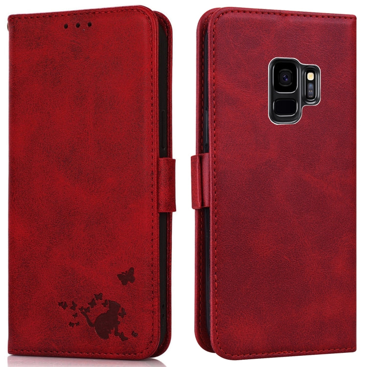 For Samsung Galaxy S9+ Embossed Cat Butterflies Pattern Horizontal Flip Leather Case with Card Slot & Holder & Wallet
