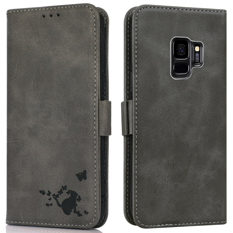 For Samsung Galaxy S9+ Embossed Cat Butterflies Pattern Horizontal Flip Leather Case with Card Slot & Holder & Wallet
