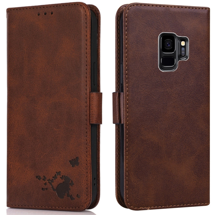 For Samsung Galaxy S9+ Embossed Cat Butterflies Pattern Horizontal Flip Leather Case with Card Slot & Holder & Wallet