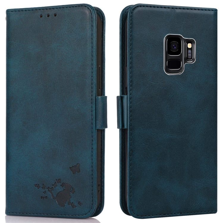 For Samsung Galaxy S9+ Embossed Cat Butterflies Pattern Horizontal Flip Leather Case with Card Slot & Holder & Wallet