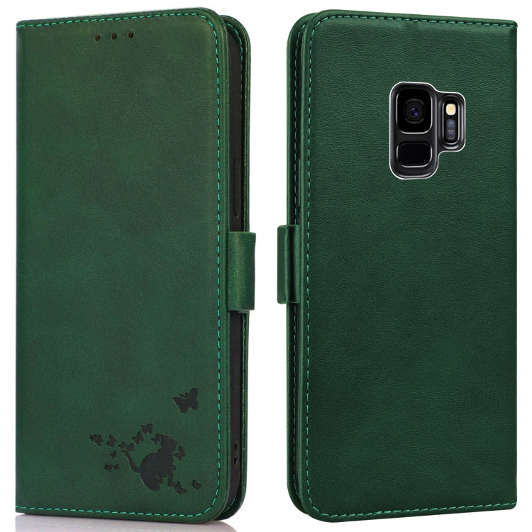 For Samsung Galaxy S9+ Embossed Cat Butterflies Pattern Horizontal Flip Leather Case with Card Slot & Holder & Wallet
