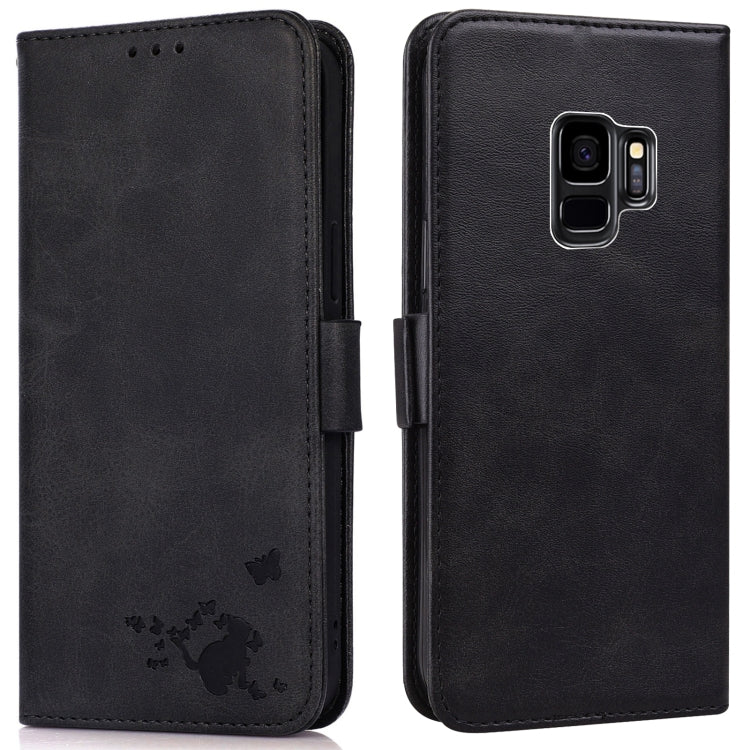 For Samsung Galaxy S9+ Embossed Cat Butterflies Pattern Horizontal Flip Leather Case with Card Slot & Holder & Wallet
