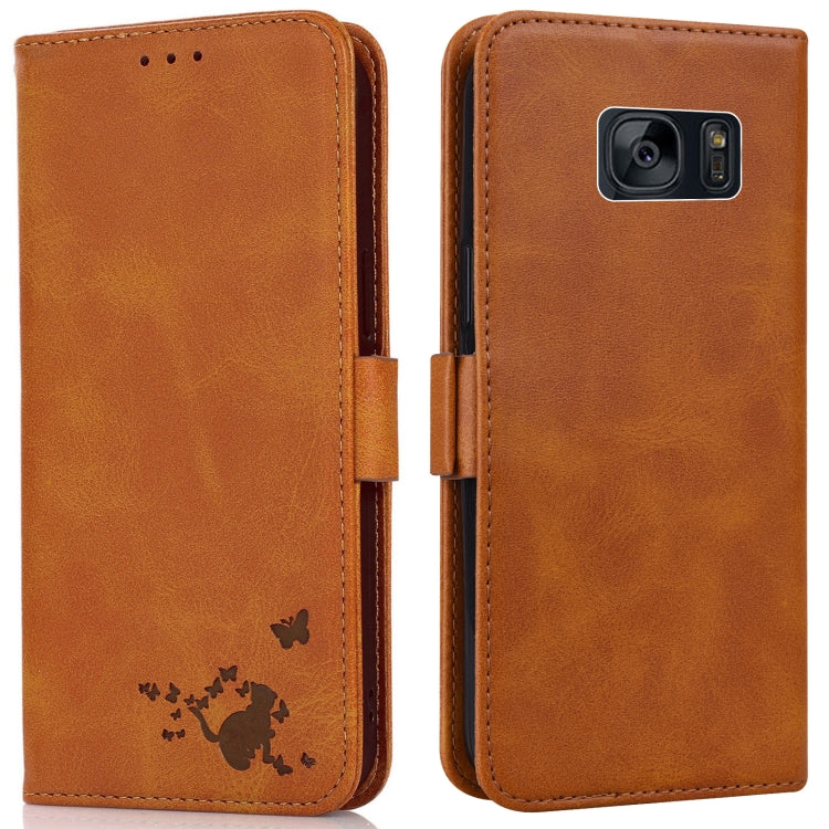 For Samsung Galaxy S7 Embossed Cat Butterflies Pattern Horizontal Flip Leather Case with Card Slot & Holder & Wallet