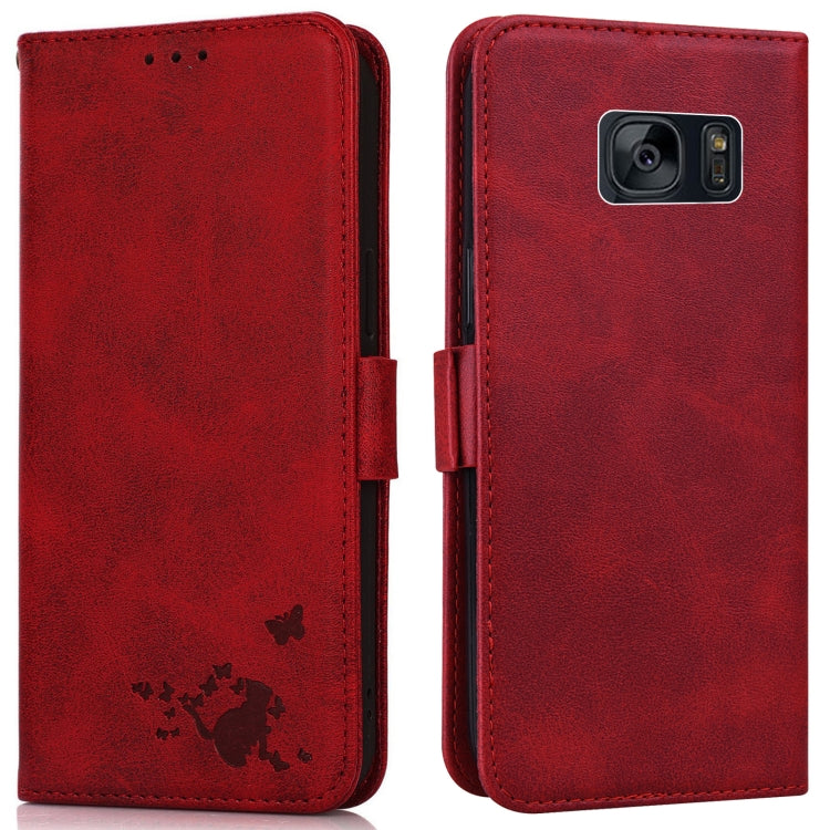 For Samsung Galaxy S7 Embossed Cat Butterflies Pattern Horizontal Flip Leather Case with Card Slot & Holder & Wallet