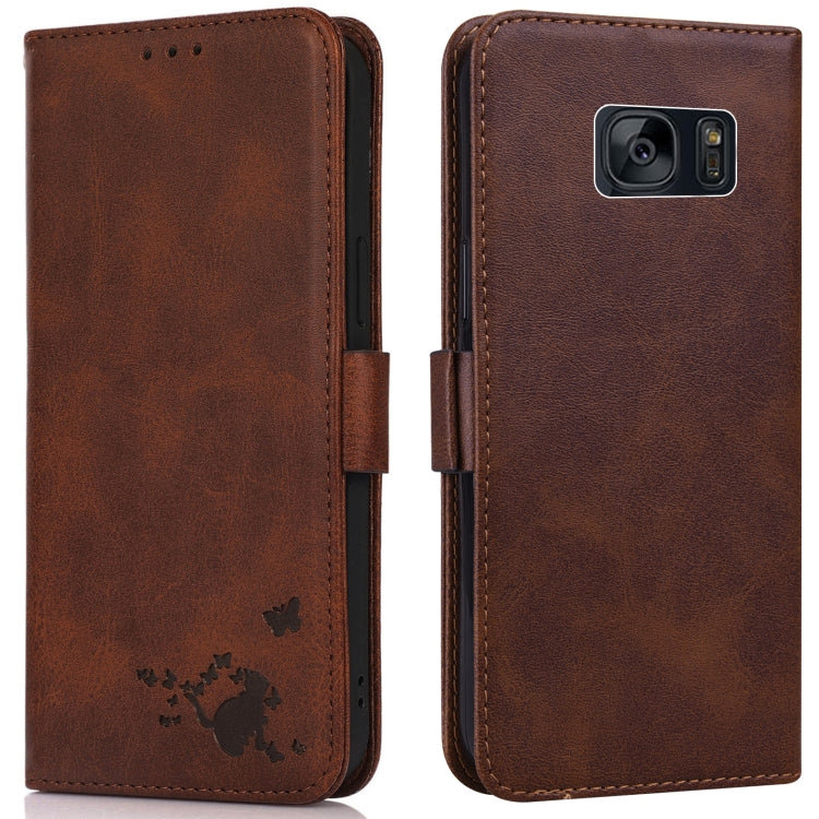 For Samsung Galaxy S7 Embossed Cat Butterflies Pattern Horizontal Flip Leather Case with Card Slot & Holder & Wallet