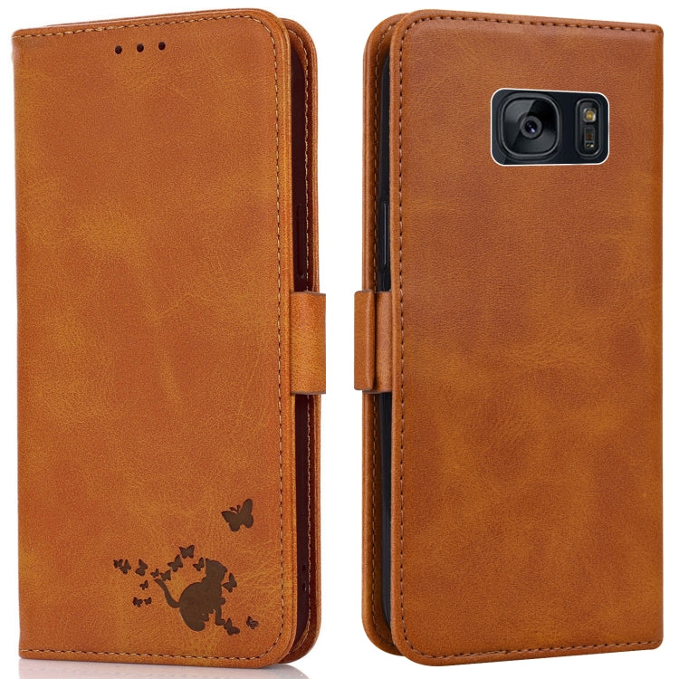 For Samsung Galaxy S7 edge Embossed Cat Butterflies Pattern Horizontal Flip Leather Case with Card Slot & Holder & Wallet