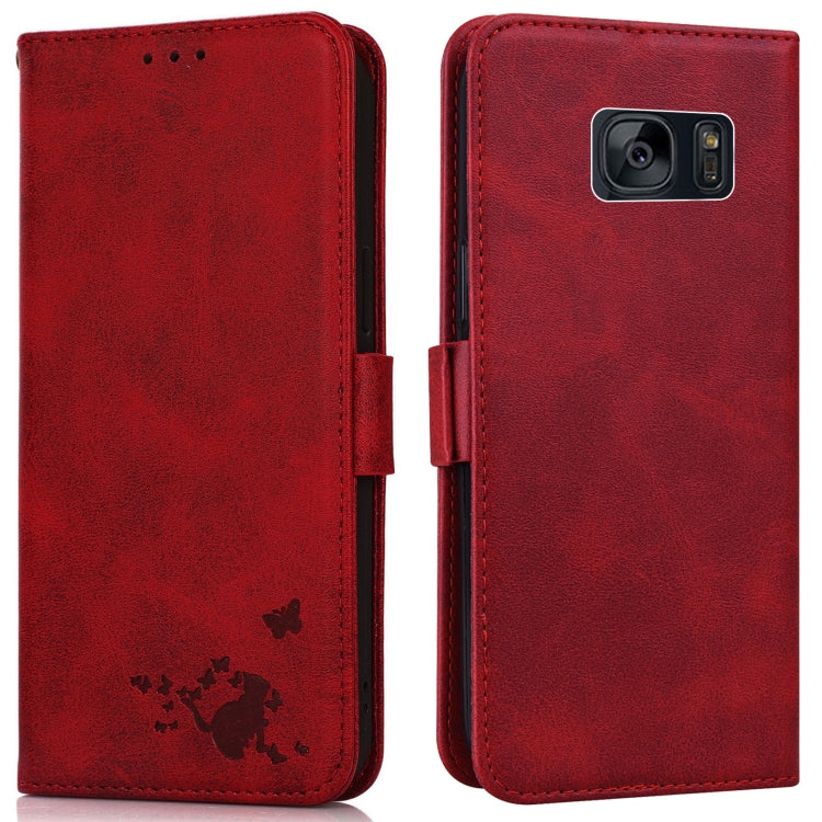 For Samsung Galaxy S7 edge Embossed Cat Butterflies Pattern Horizontal Flip Leather Case with Card Slot & Holder & Wallet
