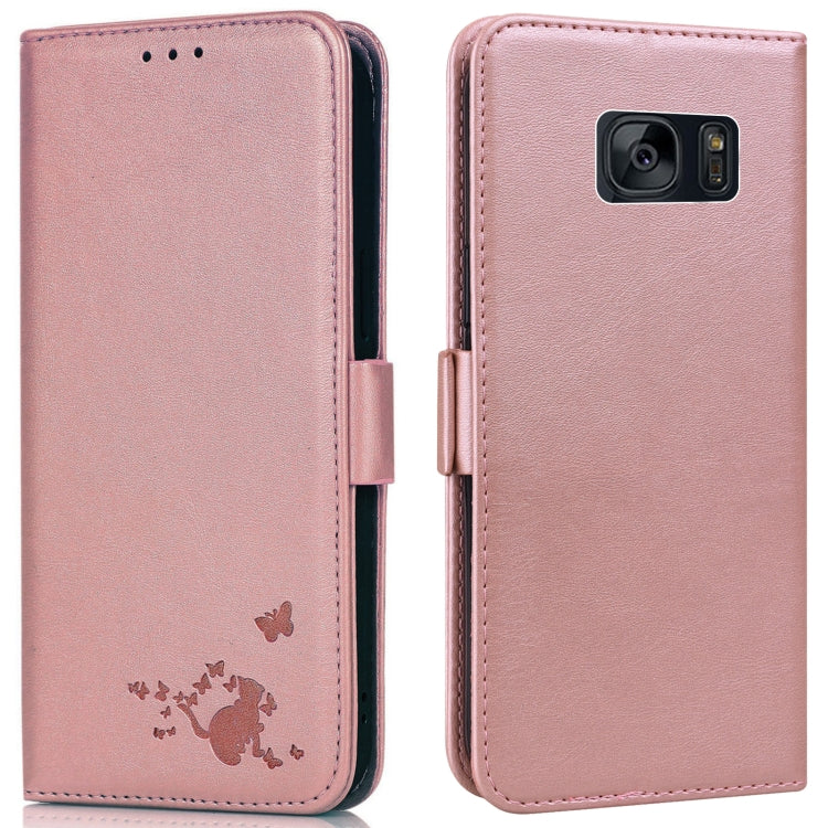 For Samsung Galaxy S7 edge Embossed Cat Butterflies Pattern Horizontal Flip Leather Case with Card Slot & Holder & Wallet