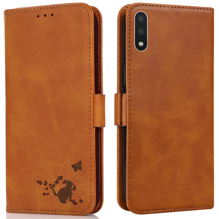 For Samsung Galaxy A01 Embossed Cat Butterflies Pattern Horizontal Flip Leather Case with Card Slot & Holder & Wallet
