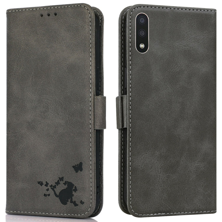 For Samsung Galaxy A01 Embossed Cat Butterflies Pattern Horizontal Flip Leather Case with Card Slot & Holder & Wallet