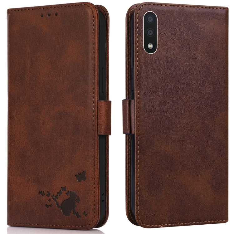 For Samsung Galaxy A01 Embossed Cat Butterflies Pattern Horizontal Flip Leather Case with Card Slot & Holder & Wallet