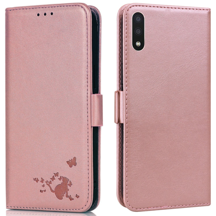 For Samsung Galaxy A01 Embossed Cat Butterflies Pattern Horizontal Flip Leather Case with Card Slot & Holder & Wallet