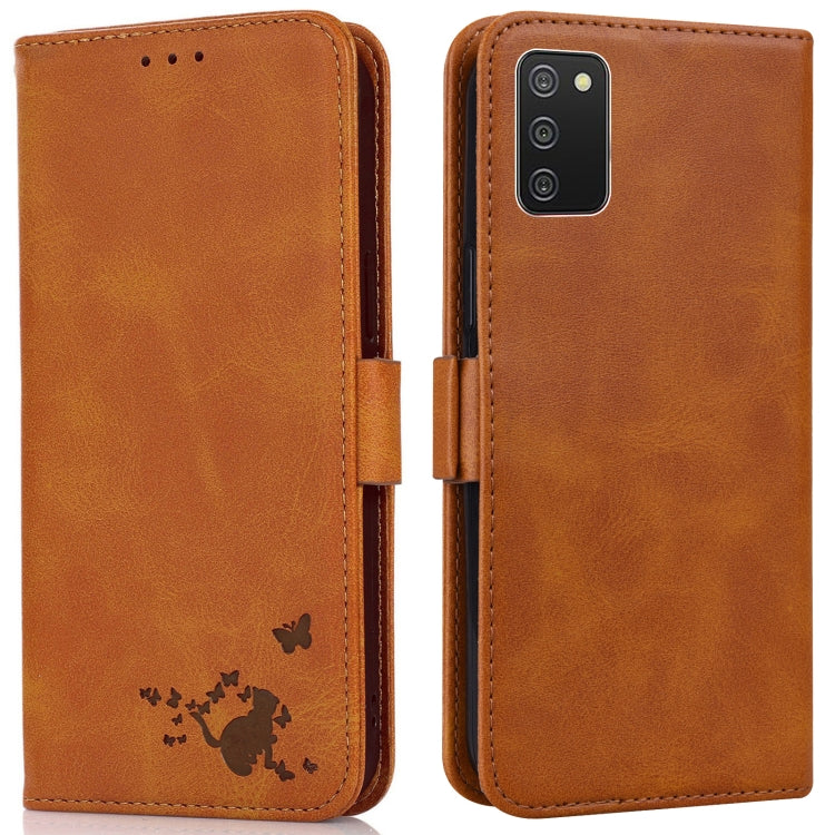 For Samsung Galaxy A02s / M02s Embossed Cat Butterflies Pattern Horizontal Flip Leather Case with Card Slot & Holder & Wallet