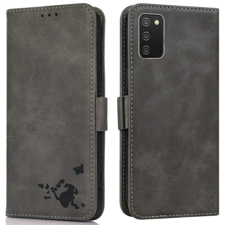 For Samsung Galaxy A02s / M02s Embossed Cat Butterflies Pattern Horizontal Flip Leather Case with Card Slot & Holder & Wallet