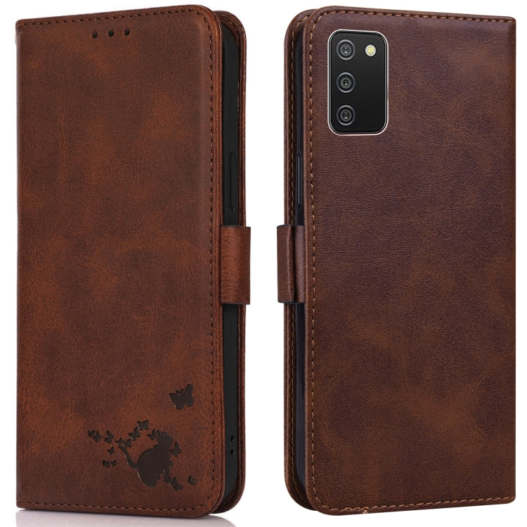 For Samsung Galaxy A02s / M02s Embossed Cat Butterflies Pattern Horizontal Flip Leather Case with Card Slot & Holder & Wallet