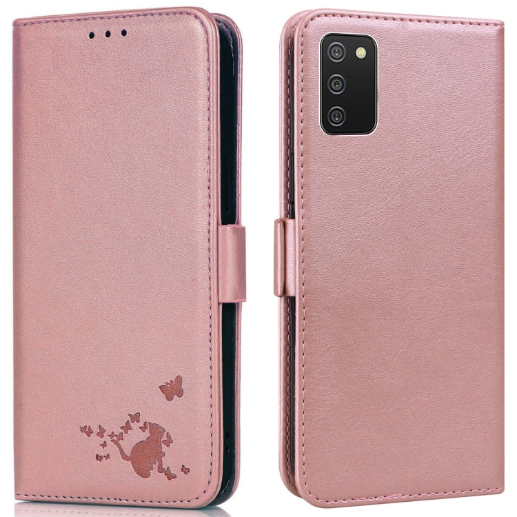 For Samsung Galaxy A02s / M02s Embossed Cat Butterflies Pattern Horizontal Flip Leather Case with Card Slot & Holder & Wallet