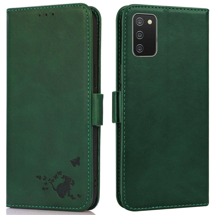 For Samsung Galaxy A02s / M02s Embossed Cat Butterflies Pattern Horizontal Flip Leather Case with Card Slot & Holder & Wallet