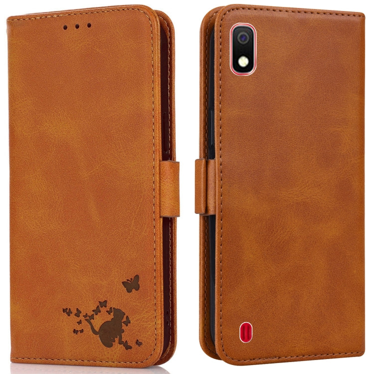 For Samsung Galaxy A10 / M10 Embossed Cat Butterflies Pattern Horizontal Flip Leather Case with Card Slot & Holder & Wallet