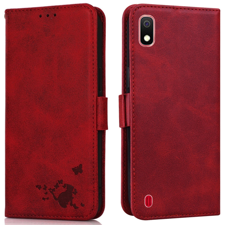 For Samsung Galaxy A10 / M10 Embossed Cat Butterflies Pattern Horizontal Flip Leather Case with Card Slot & Holder & Wallet