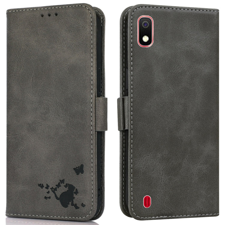 For Samsung Galaxy A10 / M10 Embossed Cat Butterflies Pattern Horizontal Flip Leather Case with Card Slot & Holder & Wallet