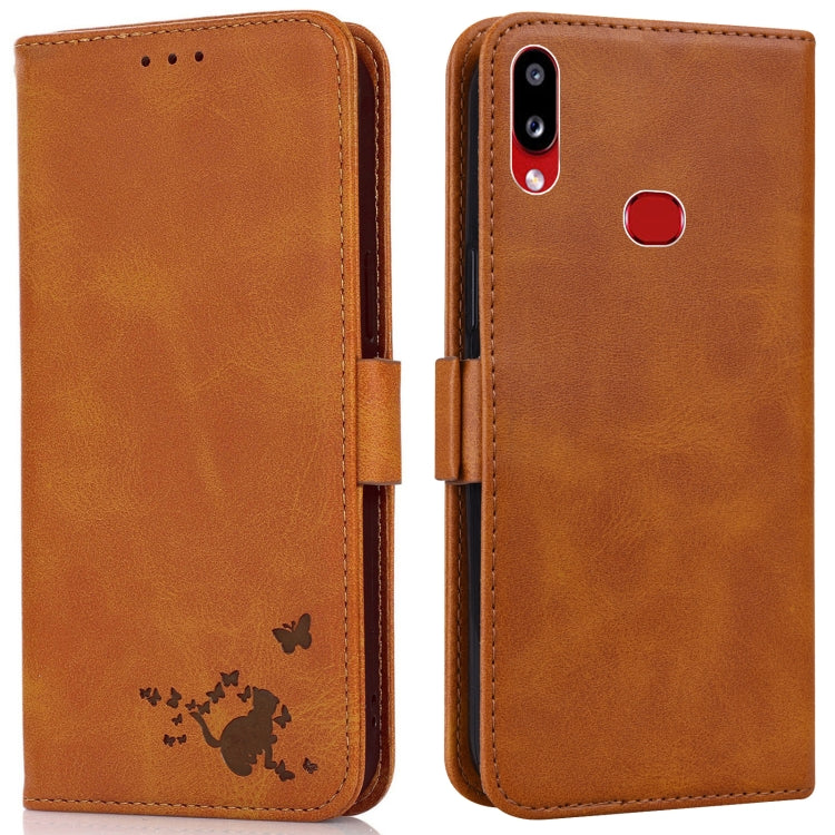 For Samsung Galaxy A10s Embossed Cat Butterflies Pattern Horizontal Flip Leather Case with Card Slot & Holder & Wallet