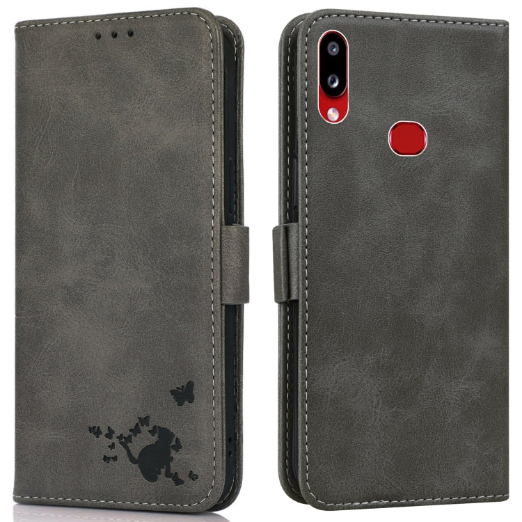For Samsung Galaxy A10s Embossed Cat Butterflies Pattern Horizontal Flip Leather Case with Card Slot & Holder & Wallet