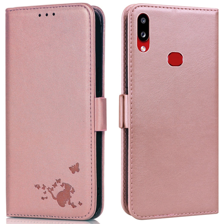 For Samsung Galaxy A10s Embossed Cat Butterflies Pattern Horizontal Flip Leather Case with Card Slot & Holder & Wallet