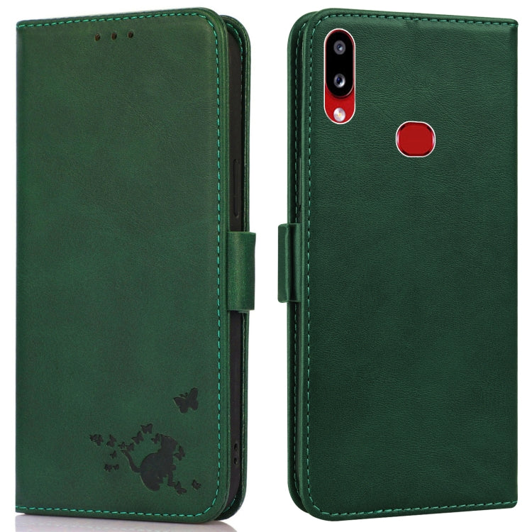 For Samsung Galaxy A10s Embossed Cat Butterflies Pattern Horizontal Flip Leather Case with Card Slot & Holder & Wallet