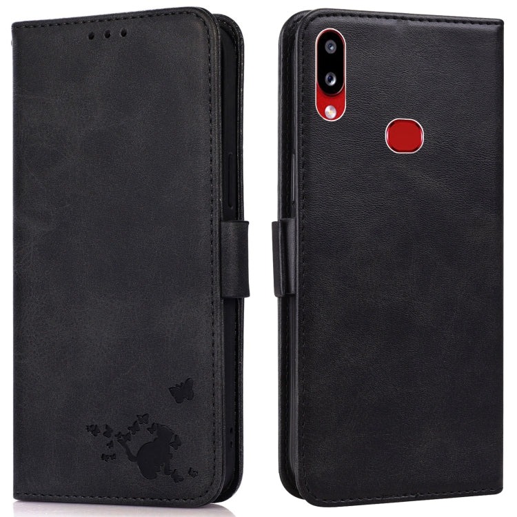 For Samsung Galaxy A10s Embossed Cat Butterflies Pattern Horizontal Flip Leather Case with Card Slot & Holder & Wallet