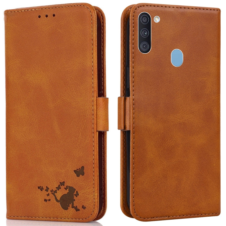 For Samsung Galaxy A11 / M11 Embossed Cat Butterflies Pattern Horizontal Flip Leather Case with Card Slot & Holder & Wallet