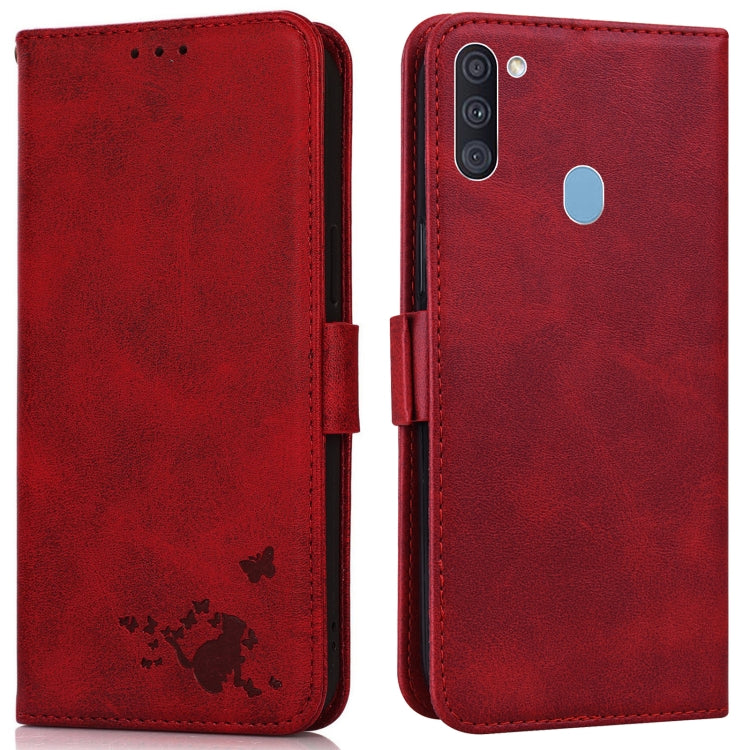 For Samsung Galaxy A11 / M11 Embossed Cat Butterflies Pattern Horizontal Flip Leather Case with Card Slot & Holder & Wallet