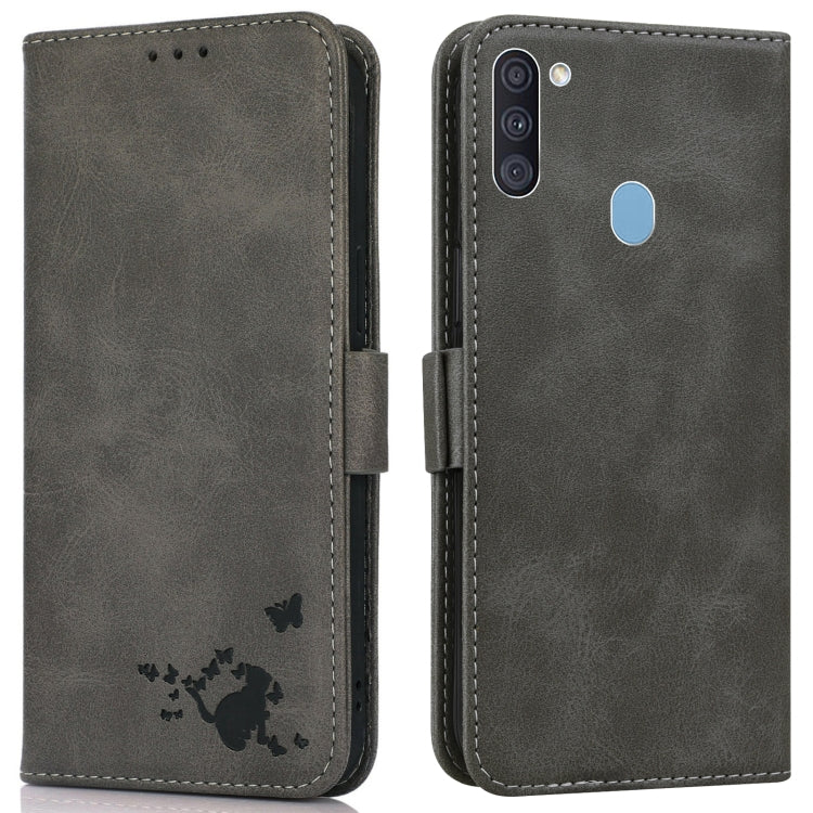 For Samsung Galaxy A11 / M11 Embossed Cat Butterflies Pattern Horizontal Flip Leather Case with Card Slot & Holder & Wallet