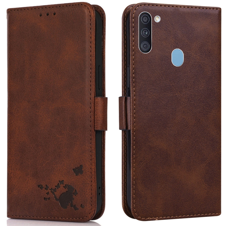 For Samsung Galaxy A11 / M11 Embossed Cat Butterflies Pattern Horizontal Flip Leather Case with Card Slot & Holder & Wallet