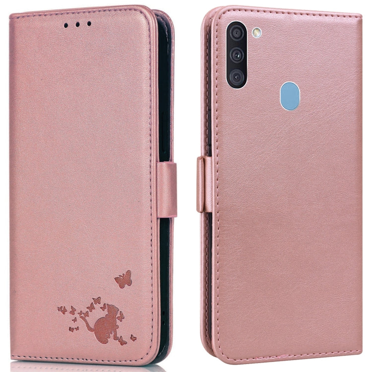 For Samsung Galaxy A11 / M11 Embossed Cat Butterflies Pattern Horizontal Flip Leather Case with Card Slot & Holder & Wallet