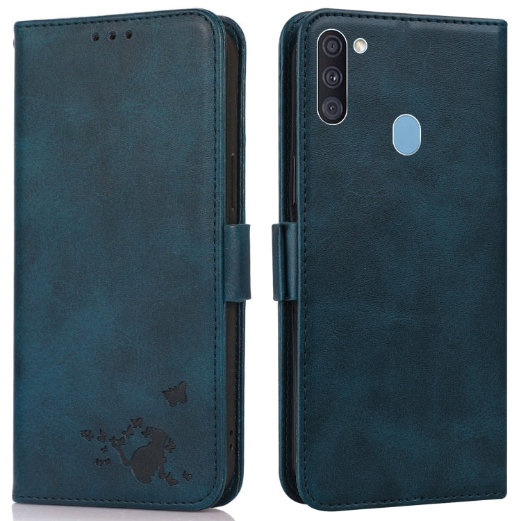 For Samsung Galaxy A11 / M11 Embossed Cat Butterflies Pattern Horizontal Flip Leather Case with Card Slot & Holder & Wallet