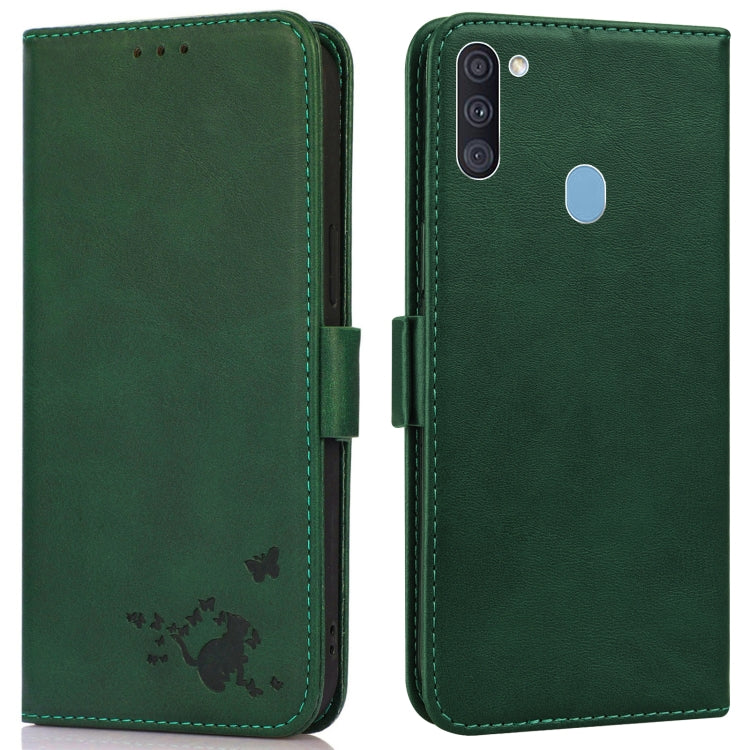For Samsung Galaxy A11 / M11 Embossed Cat Butterflies Pattern Horizontal Flip Leather Case with Card Slot & Holder & Wallet