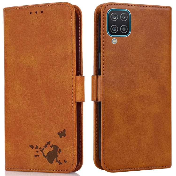 For Samsung Galaxy A12 5G Embossed Cat Butterflies Pattern Horizontal Flip Leather Case with Card Slot & Holder & Wallet