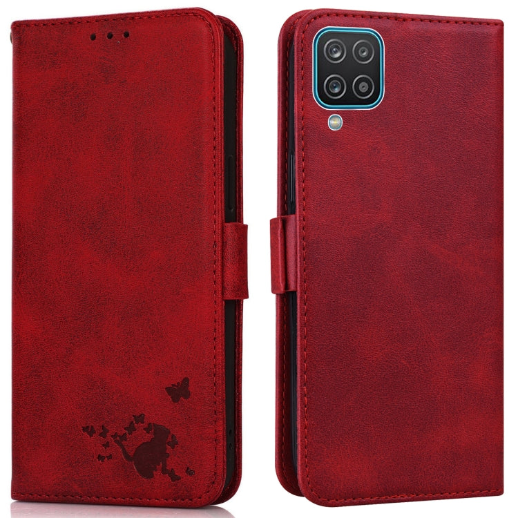 For Samsung Galaxy A12 5G Embossed Cat Butterflies Pattern Horizontal Flip Leather Case with Card Slot & Holder & Wallet