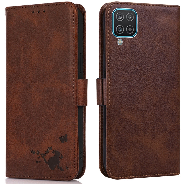 For Samsung Galaxy A12 5G Embossed Cat Butterflies Pattern Horizontal Flip Leather Case with Card Slot & Holder & Wallet