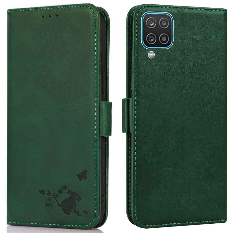 For Samsung Galaxy A12 5G Embossed Cat Butterflies Pattern Horizontal Flip Leather Case with Card Slot & Holder & Wallet