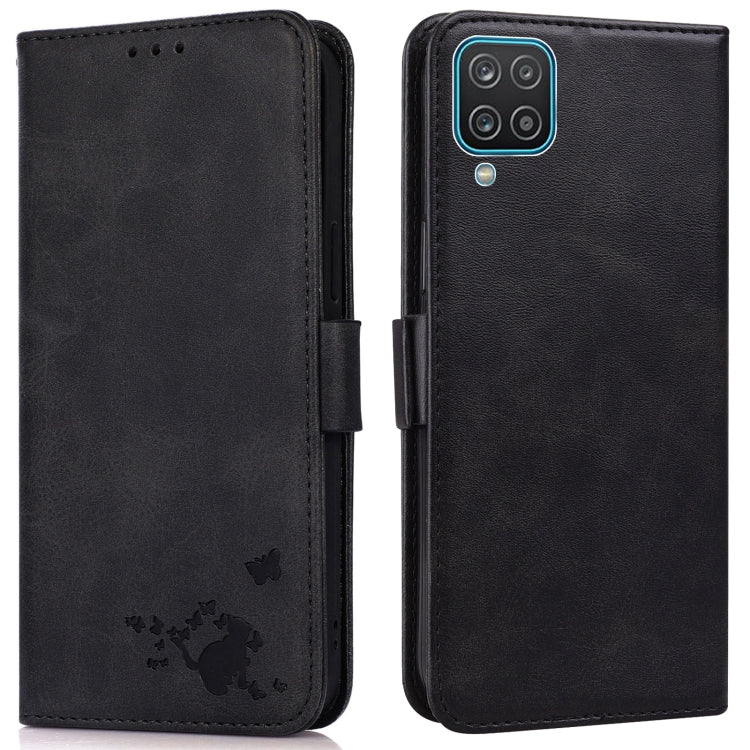 For Samsung Galaxy A12 5G Embossed Cat Butterflies Pattern Horizontal Flip Leather Case with Card Slot & Holder & Wallet