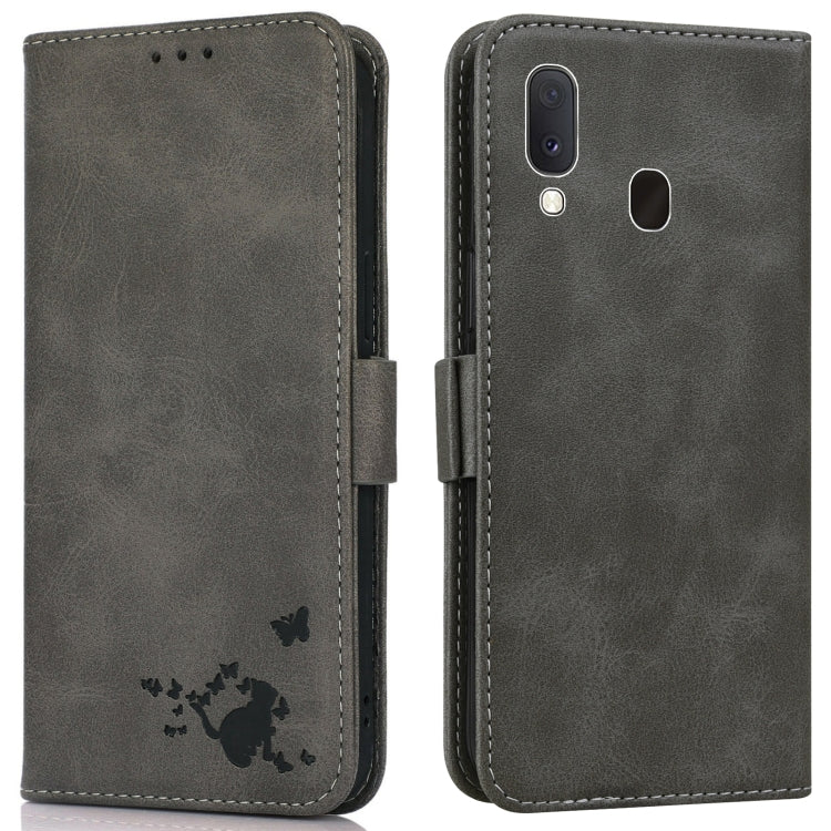For Samsung Galaxy A20 / A30 Embossed Cat Butterflies Pattern Horizontal Flip Leather Case with Card Slot & Holder & Wallet