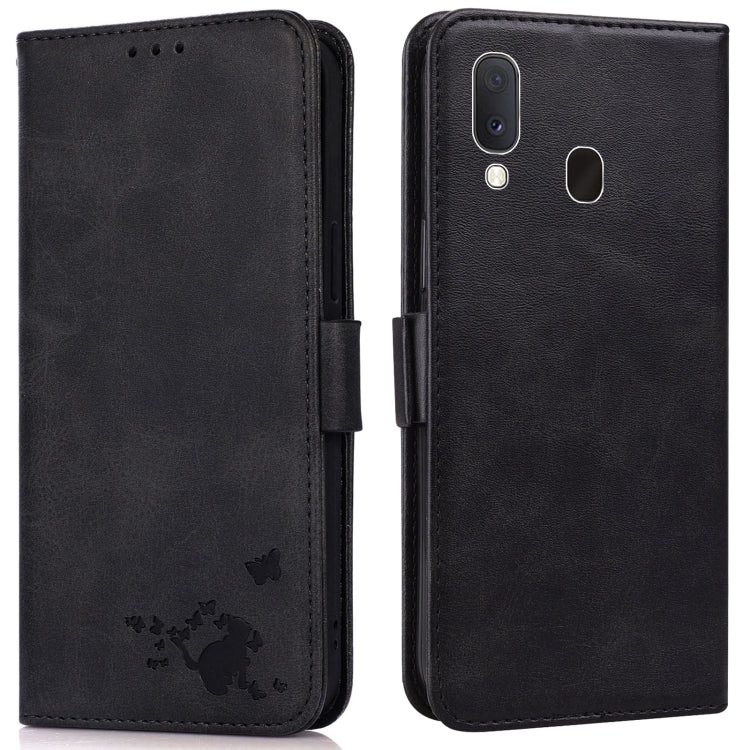 For Samsung Galaxy A20 / A30 Embossed Cat Butterflies Pattern Horizontal Flip Leather Case with Card Slot & Holder & Wallet