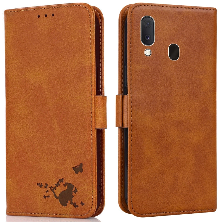 For Samsung Galaxy A20e Embossed Cat Butterflies Pattern Horizontal Flip Leather Case with Card Slot & Holder & Wallet