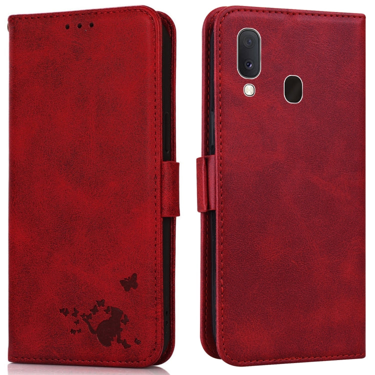 For Samsung Galaxy A20e Embossed Cat Butterflies Pattern Horizontal Flip Leather Case with Card Slot & Holder & Wallet
