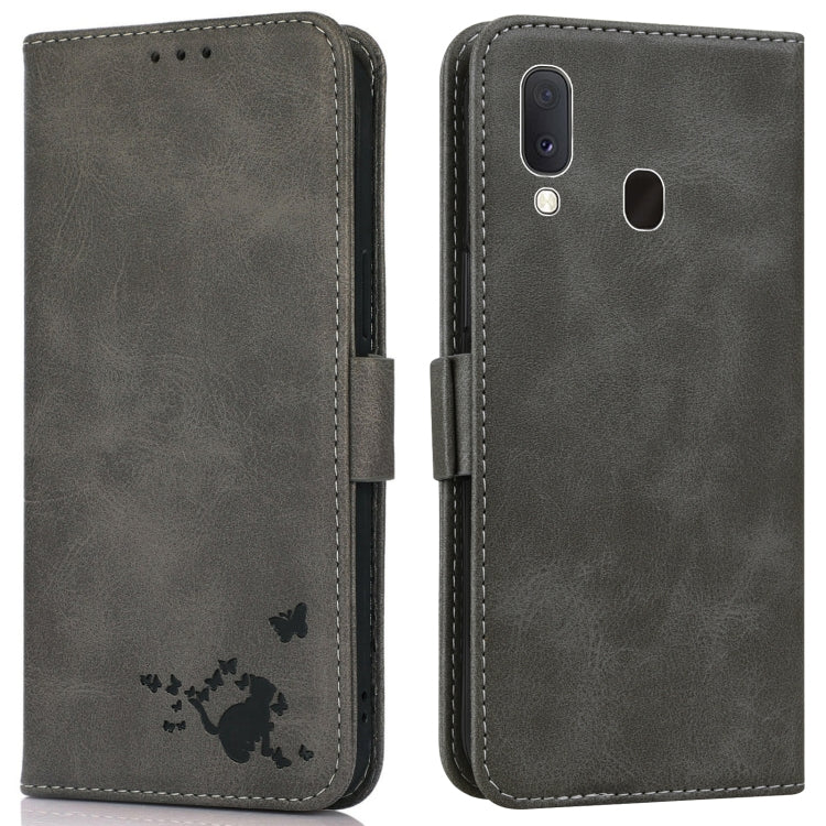 For Samsung Galaxy A20e Embossed Cat Butterflies Pattern Horizontal Flip Leather Case with Card Slot & Holder & Wallet
