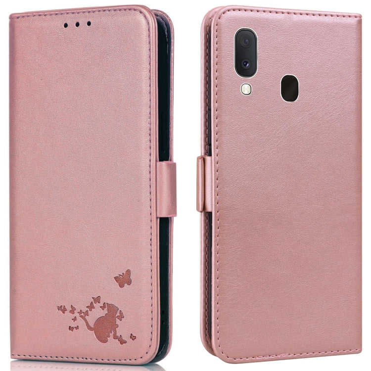 For Samsung Galaxy A20e Embossed Cat Butterflies Pattern Horizontal Flip Leather Case with Card Slot & Holder & Wallet