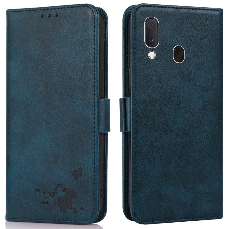 For Samsung Galaxy A20e Embossed Cat Butterflies Pattern Horizontal Flip Leather Case with Card Slot & Holder & Wallet