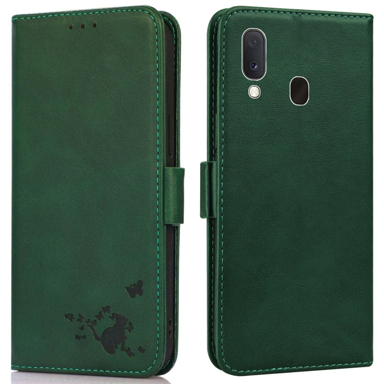 For Samsung Galaxy A20e Embossed Cat Butterflies Pattern Horizontal Flip Leather Case with Card Slot & Holder & Wallet