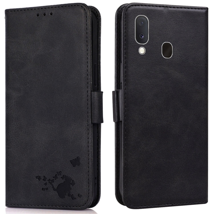For Samsung Galaxy A20e Embossed Cat Butterflies Pattern Horizontal Flip Leather Case with Card Slot & Holder & Wallet